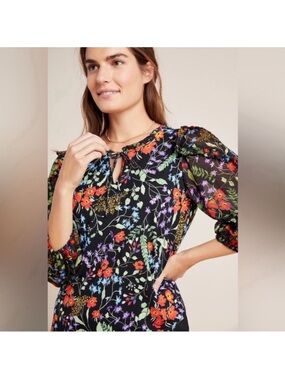Anthropologie Maeve Jacquin Peasant Blouse Black Floral Ruffle Sheer Sleeve XS